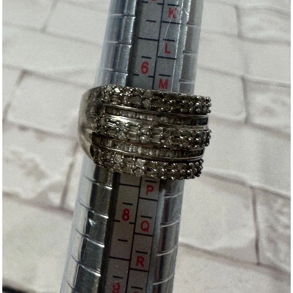Sterling Silver 925 Multi Row Round Baguette Diamond Ring‎ Size 7